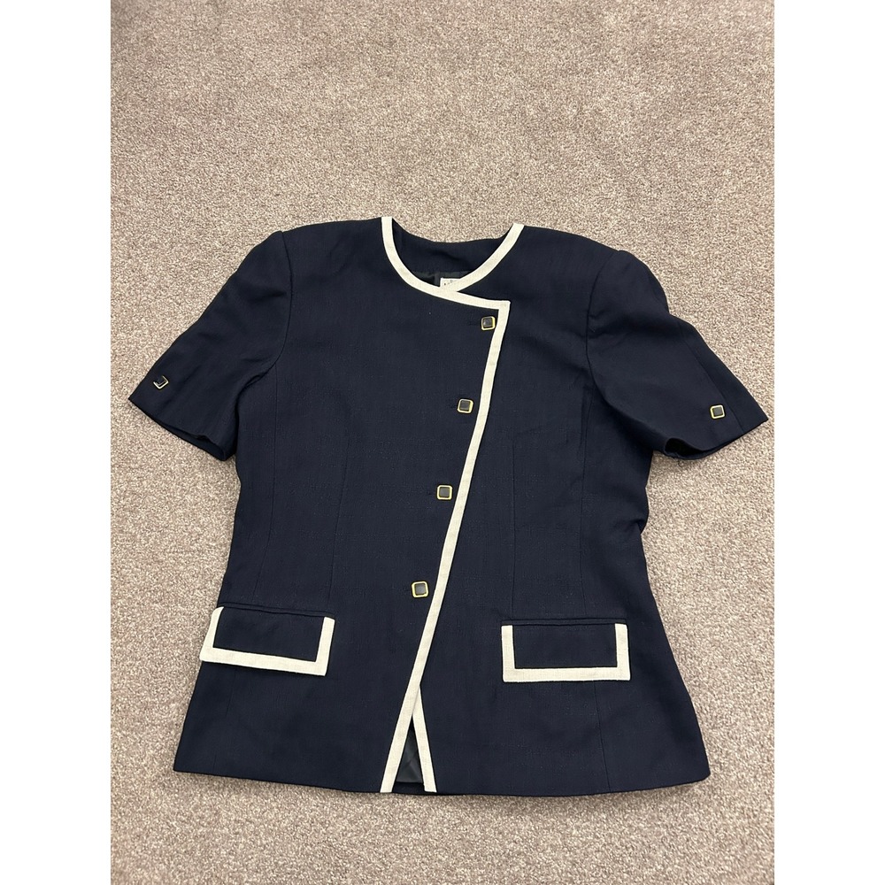 90s Kasper Blazer Top Womens 16 Navy Blue Excellent Short Sleeve Contrast Trim
